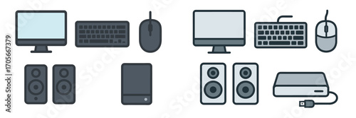 Desktop computer peripherals and accessories including monitors, keyboards, mice, speakers, and external hard drives