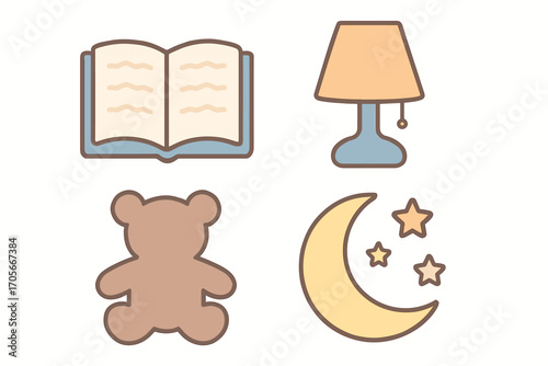 Bedtime objects with an open book, table lamp, soft teddy bear, and crescent moon with stars