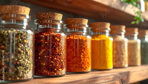 Glass spice jars on a wooden shelf