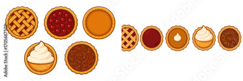 Variety of classic dessert pies and tarts, including cherry, pumpkin, and pecan, some with whipped cream