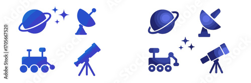 Illustrative elements of space exploration and astronomy including planets, stars, telescopes, rover, and satellite dish
