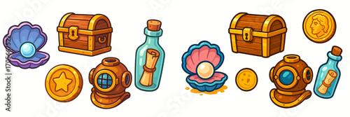 Colorful cartoon underwater treasure, diving equipment, chests, pearls, gold coins, messages in bottles, and old diving helmets