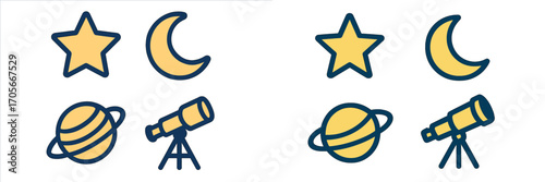 Celestial objects and astronomy tools icon set featuring a star, crescent moon, ringed planet, and telescope