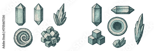 Hand-drawn collection of natural crystals, raw mineral gemstones, and precious stones with diverse geological formations