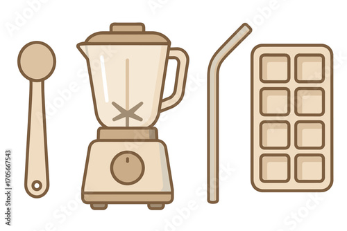 Kitchen appliances and accessories for healthy drink preparation including blender, spoon, reusable straw, and ice cube tray