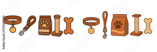 Essential pet care items and accessories for dogs and cats including collars, leashes, food, and scratching posts