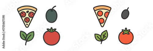 Delicious pizza slice, fresh olive, ripe tomato, and green basil leaf for Italian cuisine and cooking ingredients