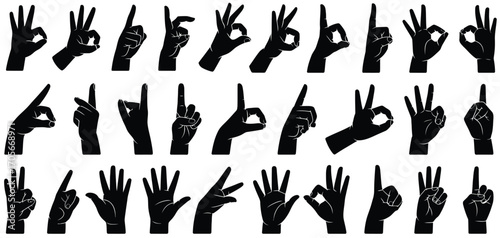 Hand Gesture Silhouettes,  Isolated Pointing, Thumbs Up, Grabbing, Holding Hands Illustration, Communication and Body Language Elements, Design Resource, White Background Vector Set