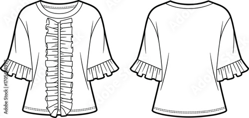 Women’s short sleeve blouse with ruffle front and sleeve details, flat sketch technical drawing, fashion illustration, apparel design template, casual elegant garment design