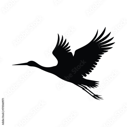 Elegant Stork Silhouette in Flight Symbolizing Freedom and Graceful Movement against a White Background