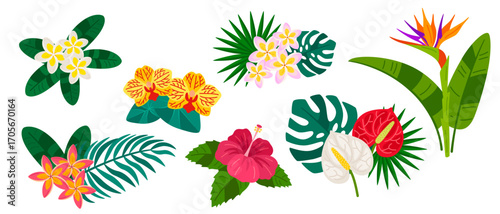 Tropical flowers with palm leaves flat icon set isolated on white background. Exotic plant, hibiscus jungle pattern. Tropic strelitzia, plumeria leaf, anthurium logo. Hawaiian poster flyer elements
