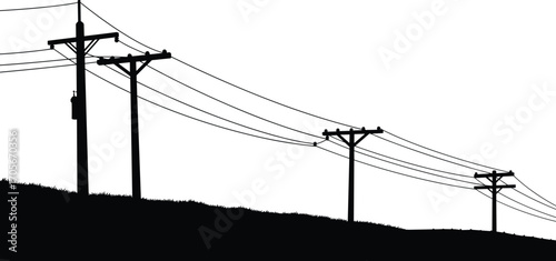Silhouette of power poles on hill, electric transmission lines, rural electricity infrastructure, utility poles at slope, energy cables, countryside power grid, evening landscape scene
