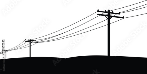 Electric power lines over hills at sunset, rural utility poles silhouette, high-voltage transmission wires, electricity infrastructure, countryside energy network, utility landscape illustration
