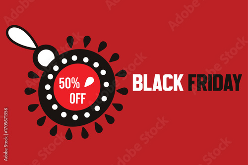 Black Friday banner featuring a fifty percent off sale emblem on a red backdrop