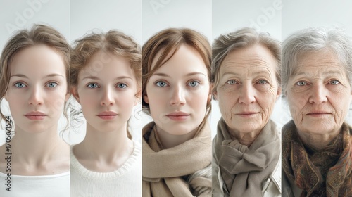 Photorealistic set of portraits of the same European person at different ages, from child to old, looking at camera on white background, generative ai illustration
