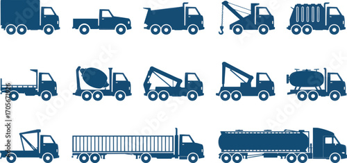 Collection of Truck Icons  Blue Silhouettes of Various Vehicles