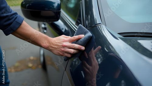 A man hand cleaning car hood with microfiber cloth, car detailing concept