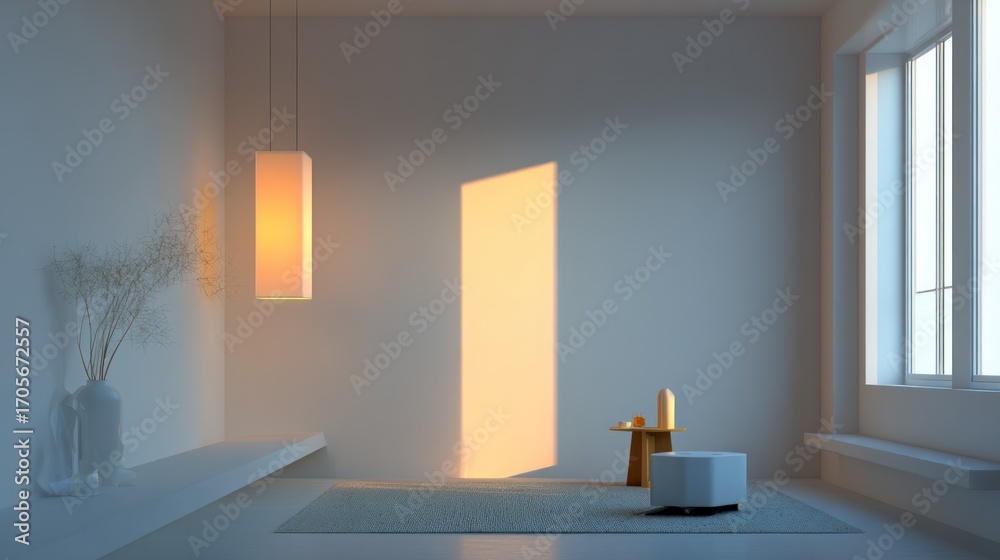Fototapeta premium Minimalist interior with sunlight casting shadows on the wall, featuring a lamp, vase, and simple furniture, creating a peaceful ambiance