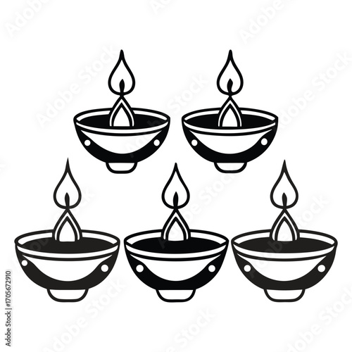 Five black oil lamps glow with stylized flame designs on transparent backdrop