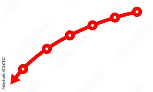 Red line graph with circular points and arrow isolated on transparent background