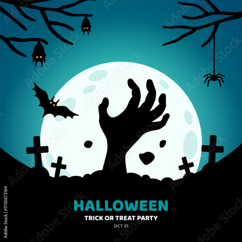 Happy Halloween party poster. Zombie hand black silhouette, full moon night, cemetery graveyard background. Vector illustration. Place for text. Horror spooky monster banner template, flyer concept