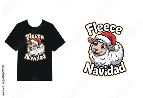 Fleece Navidad, with a sheep wearing a Santa hat, Typography T-shirt Design Generative Ai