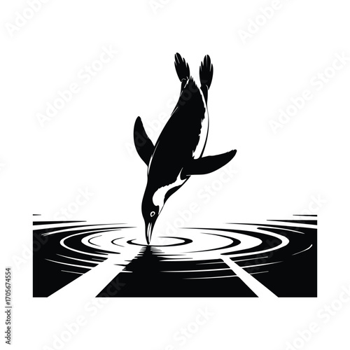 Penguin diving into water black and white minimalistic design with creative ripple effect