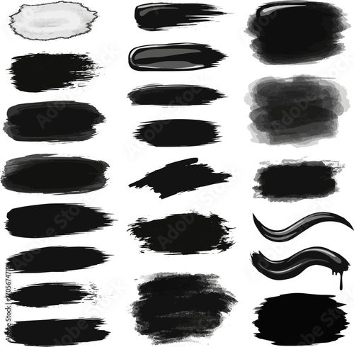 Create a kinds of deferent material black brush stroke set vector art with white background.