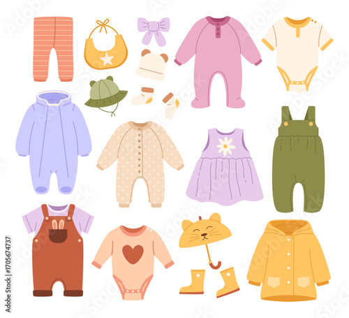 Cute baby girl and boy clothes. Flat vector illustration collection of cartoon bodysuit, pants, jumpsuit, dress, hats and accessories.