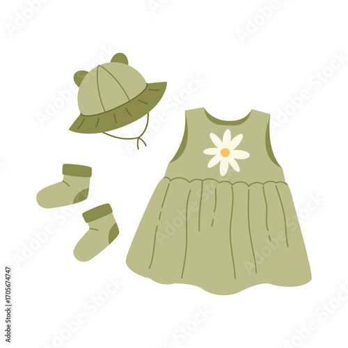Cute pastel green dress for baby girl. Flat cartoon kids clothing set.