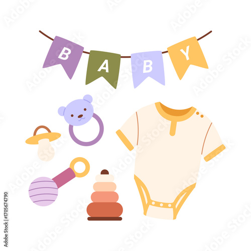 Baby shower concept. Newborn clothing, bodysuit, toys, milk bottle.