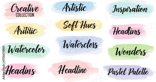 Create a kinds of deferent watercolor headline collection pastel color vector art with white background.