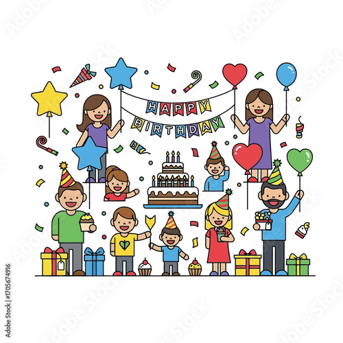 Birthday Celebration Cake, Gifts, Balloons, and Party Accessories