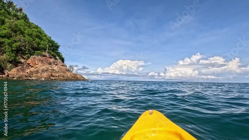 Beautiful scenery of Ao Thalane coastline from the POV of a kayak, popular tourist activity in Krabi, Thailand