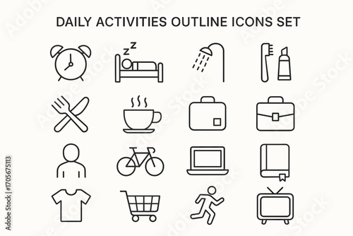 Daily Activities Icons Set – Morning Routine, Work, Exercise, and Leisure Outline Symbols