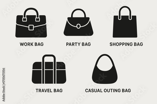 Bag Icons Set – Work Bag, Party Bag, Shopping Bag, Travel Bag, and Casual Outing Bag Silhouettes