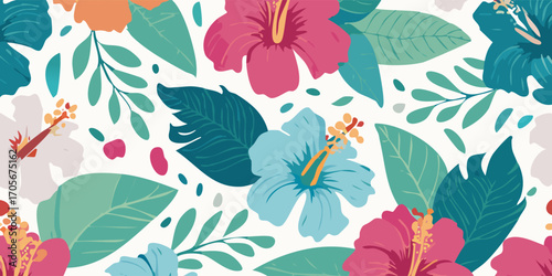 A colorful and exotic seamless pattern of tropical hibiscus flowers and lush green foliage on a white background