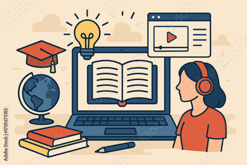 E-Learning and Online Study Illustration – Student with Laptop, Books, and Digital Education Tools