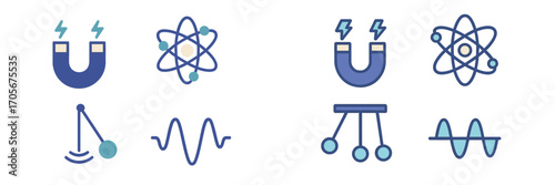 Science and physics icons set featuring magnetism, atomic structure, pendulum motion, and various wave patterns