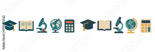 Academic symbols for education and learning including graduation cap book microscope globe calculator