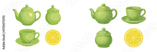 Elegant green watercolor style tea set including teapots, teacups, sugar bowls, and vibrant lemon slices