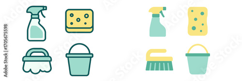 Domestic cleaning items and accessories including spray bottle sponge scrub brush and bucket