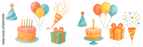 Vibrant birthday party celebration elements with cakes, lit candles, festive balloons, wrapped gifts, and cheerful decorations