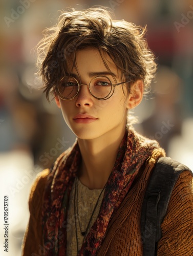 Photorealistic street portrait of a fashionable young female with eyeglasses, modern urban style and confident look, generative ai illustration