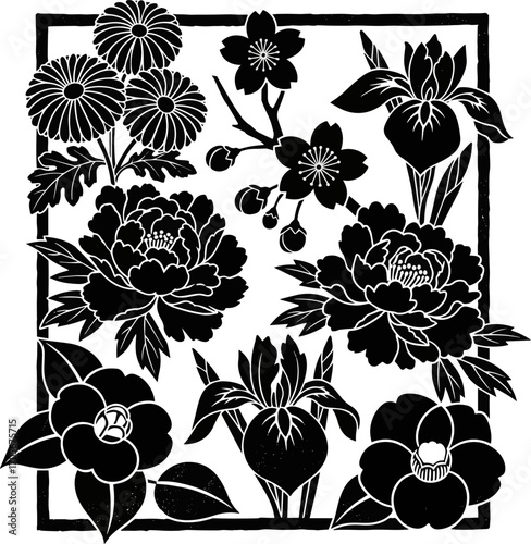 Create a kinds of deferent Japanese flower illustration black stamp vector art with white background.