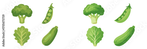 Assortment of fresh green vegetables including broccoli, peas, lettuce, and zucchini on a white background