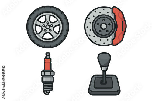 Automotive parts collection with car wheel, brake disc, spark plug, and manual gear shift for vehicle maintenance