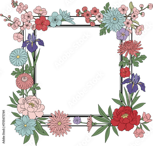 Create a kinds of deferent Japanese style floral square frame background vector art with white background.