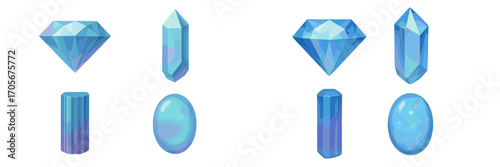 Vibrant blue and purple faceted gemstones, smooth cabochons, and crystal shards with iridescent glow