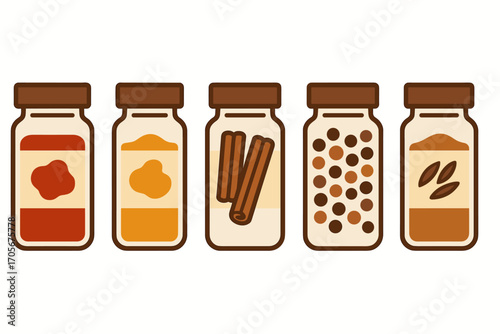 Assortment of various cooking spices and ingredients in glass jars for kitchen pantry and culinary preparation
